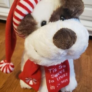 Cute Plush SANTA DOG with scarf that says "Tis So Sweet To Trust In Jesus"